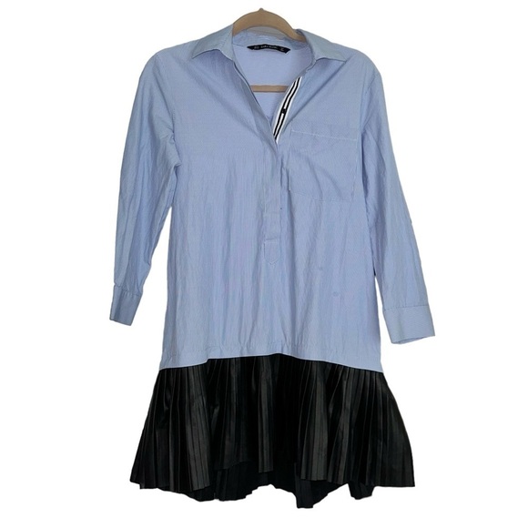 Zara NWOT Shirt Dress Blue White Stripes & Black Pleated Faux Leather Skirt XS - Picture 4 of 9